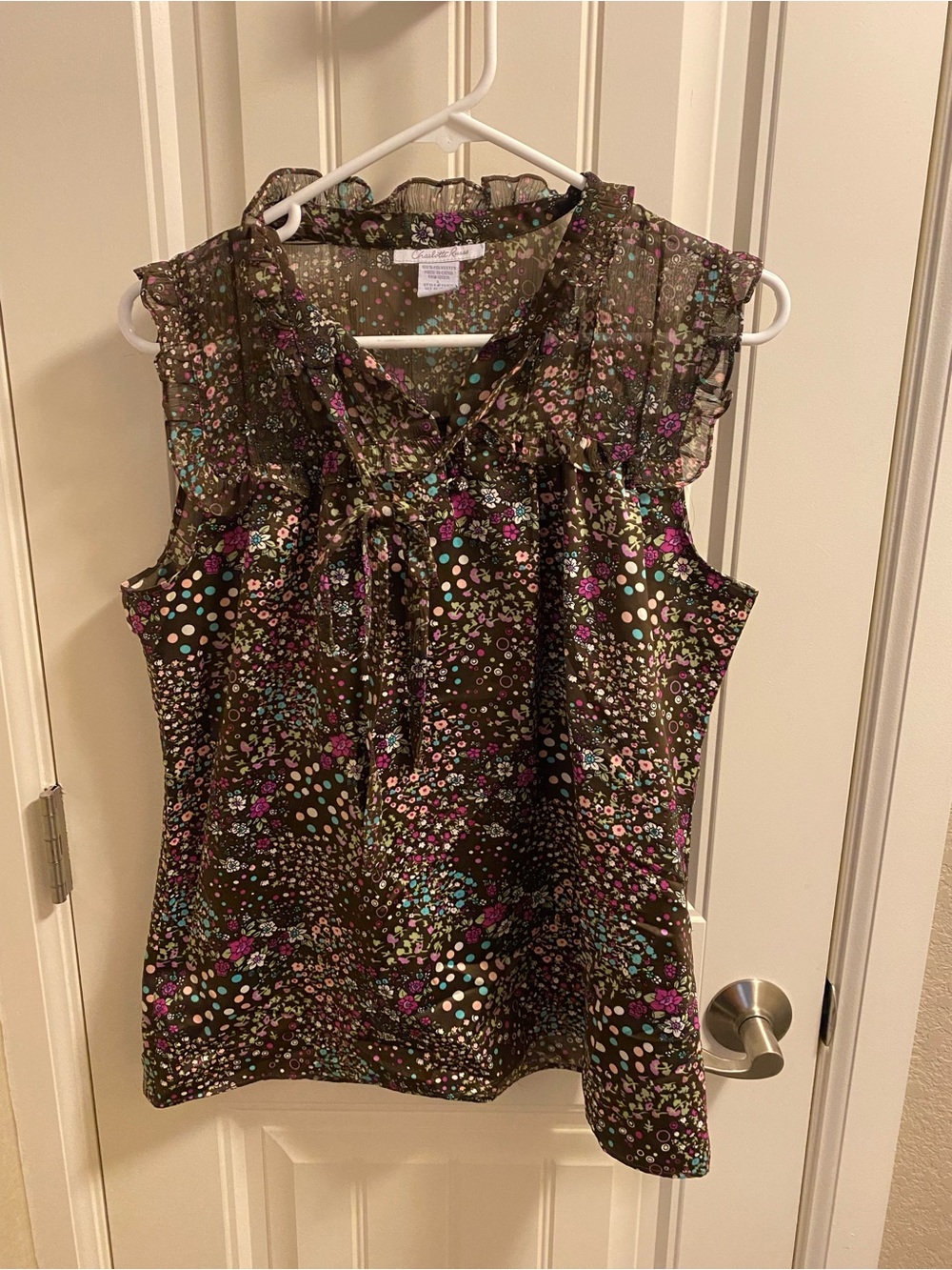 Charlotte Russe L Top Brown Floral Blouse Sleeveless Ruffle Tie Front Large Lg